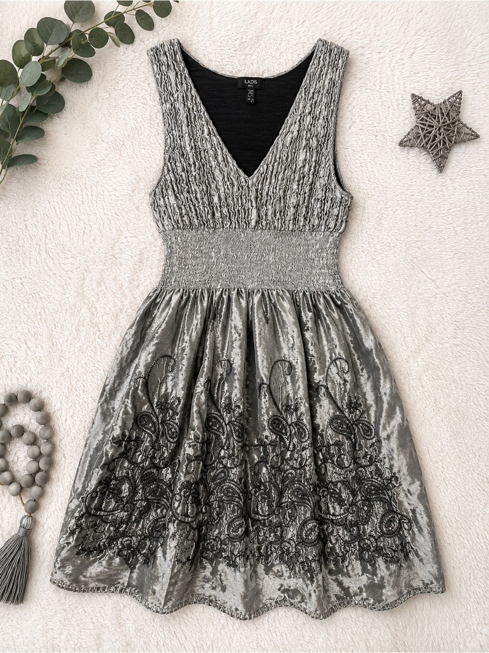 Lapis Silver Velvet Embroidered V-Neck Midi Dress